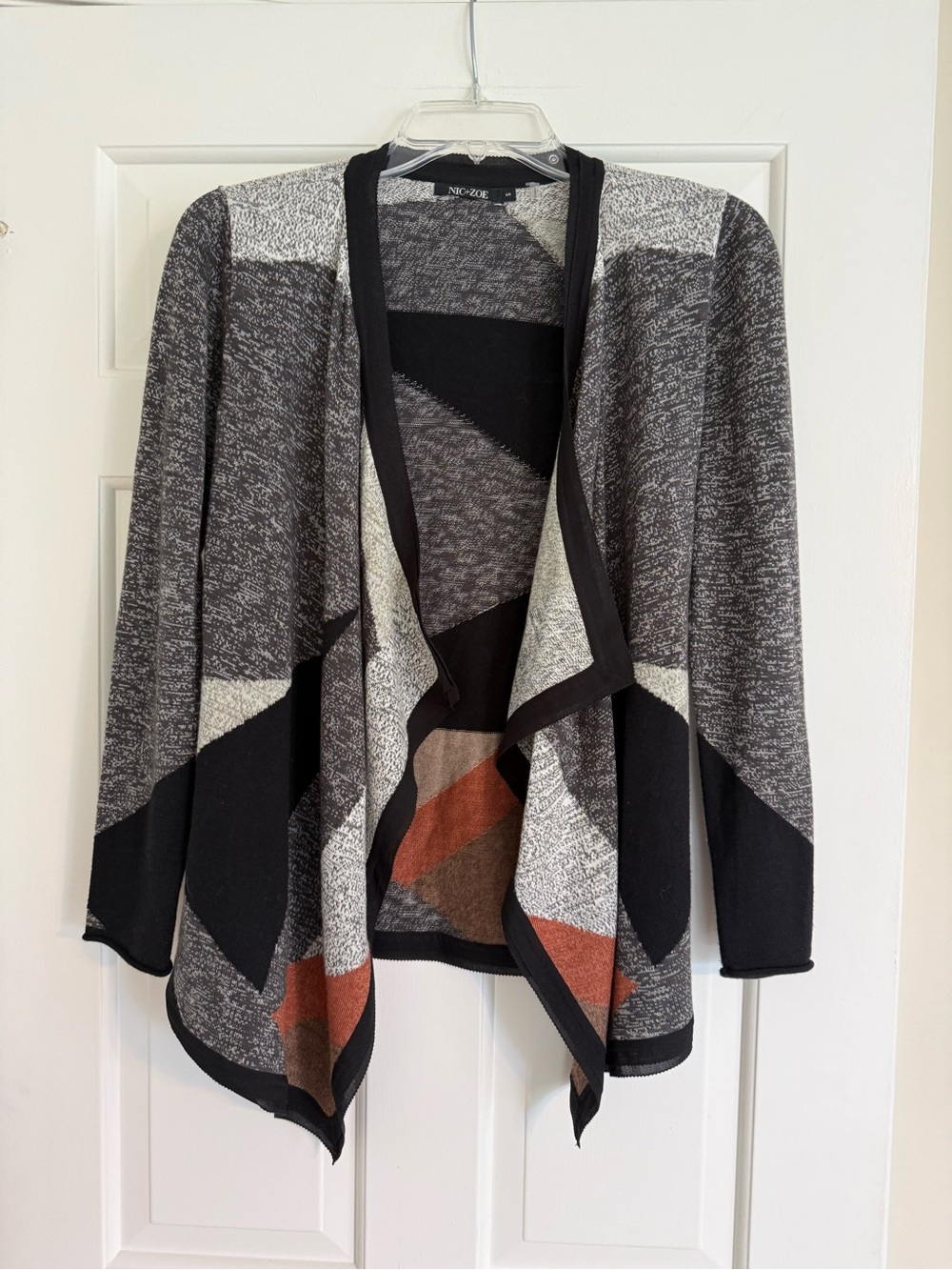 NIC+ZOE Geometric Open-Front Cardigan in Black, Gray & Rust